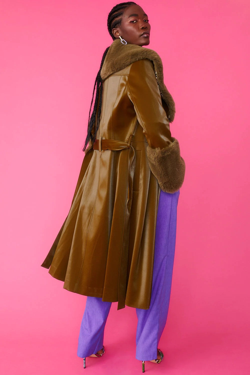 Green faux leather trench coat with faux fur collar and cuffs, back view
