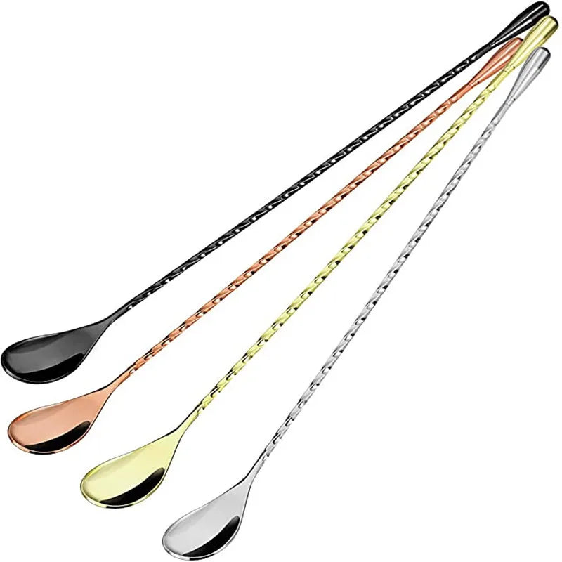 Cocktail Spoon Bar Stirring Spoon Long Handle Stainless Steel Spiral Pattern Mixing Shaker Spoon, 12 Inch, 4 Colors Bar Tools