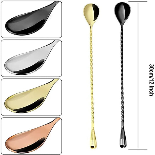 Long cocktail stir spoons with spiral handles in black, silver, gold, and rose tones.