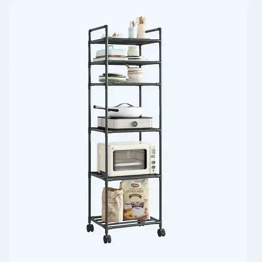 Tall multi-tier storage rack with black metal frame, open shelves, and rolling casters