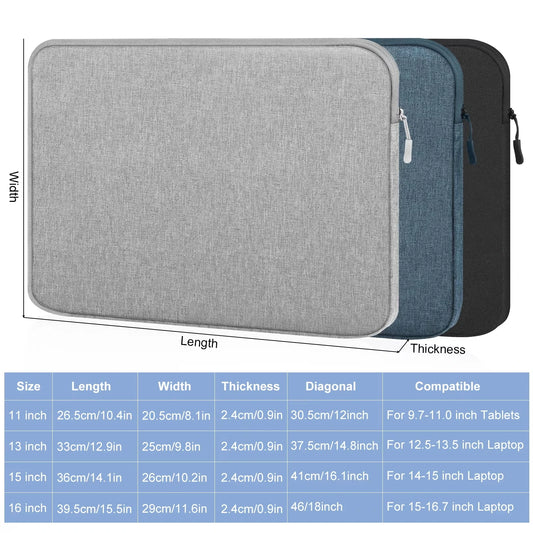 Laptop sleeve case with zip, gray fabric front and layered blue and dark sections