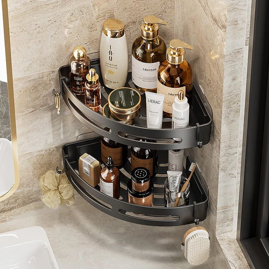 Two-tier corner shower shelf rack with dark metal frames and curved storage edges