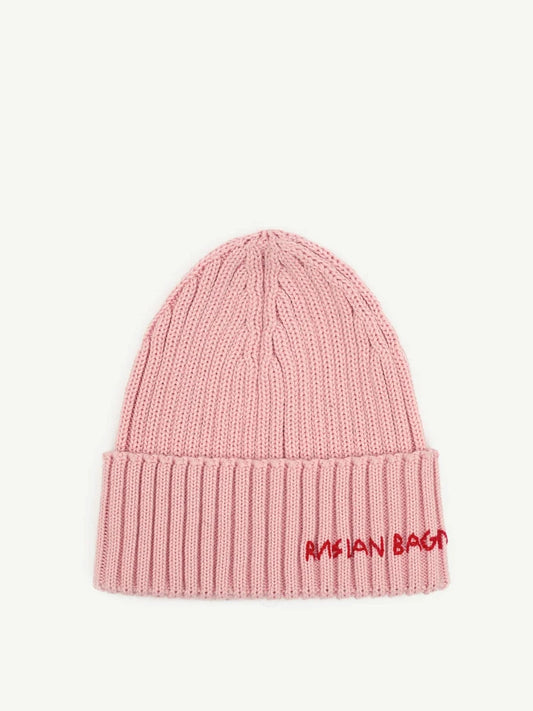Pink knit beanie hat with ribbed cuff and red embroidered logo lettering
