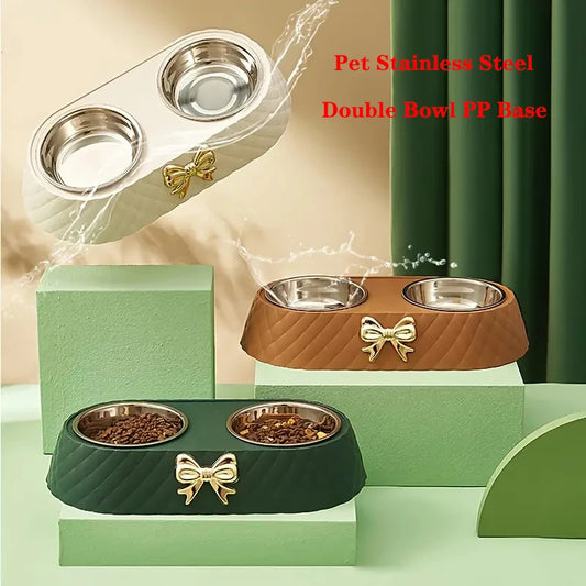 Quilted double pet bowl set in green and brown with two stainless steel dishes and bow charm