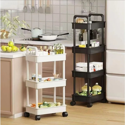 Kitchen storage trolley set: black and white multi-tier racks with caster wheels