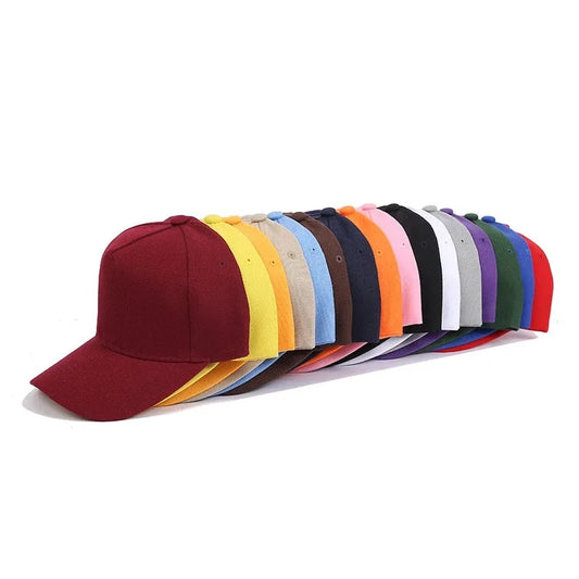 Colorful set of 5-panel baseball caps with curved brims