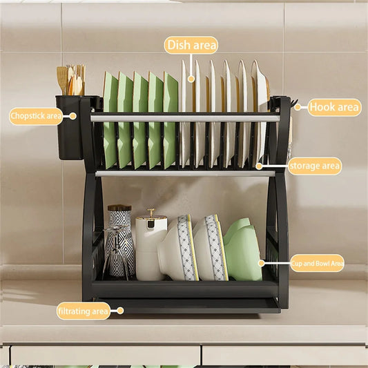 Two-tier dish drying rack with side hooks and shelves, holding plates, bowls, and utensils