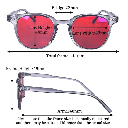 Round glasses with red-tinted lenses and clear frame, front and side measurements