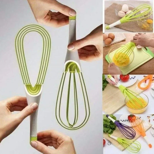 Lime green manual egg beater whisk with white handle and wire loops