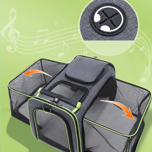 Gray foldable pet carrier with breathable mesh sides, black zip pockets, and green accents
