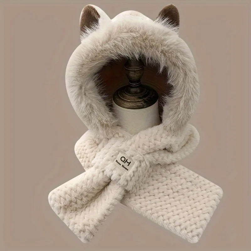 1PC Women's Cat Ear Hat with Pom-Pom, Soft Fleece Lined Winter Beanie for Christmas Gift, Cute Animal Themed Festival Cap