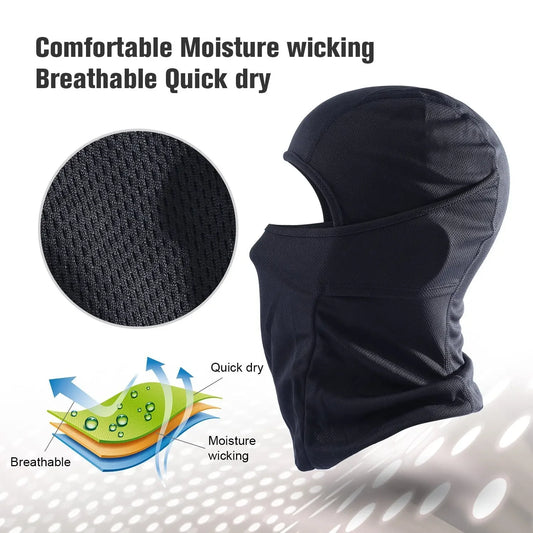 Navy breathable full-face balaclava with textured fabric inset and quick-dry design