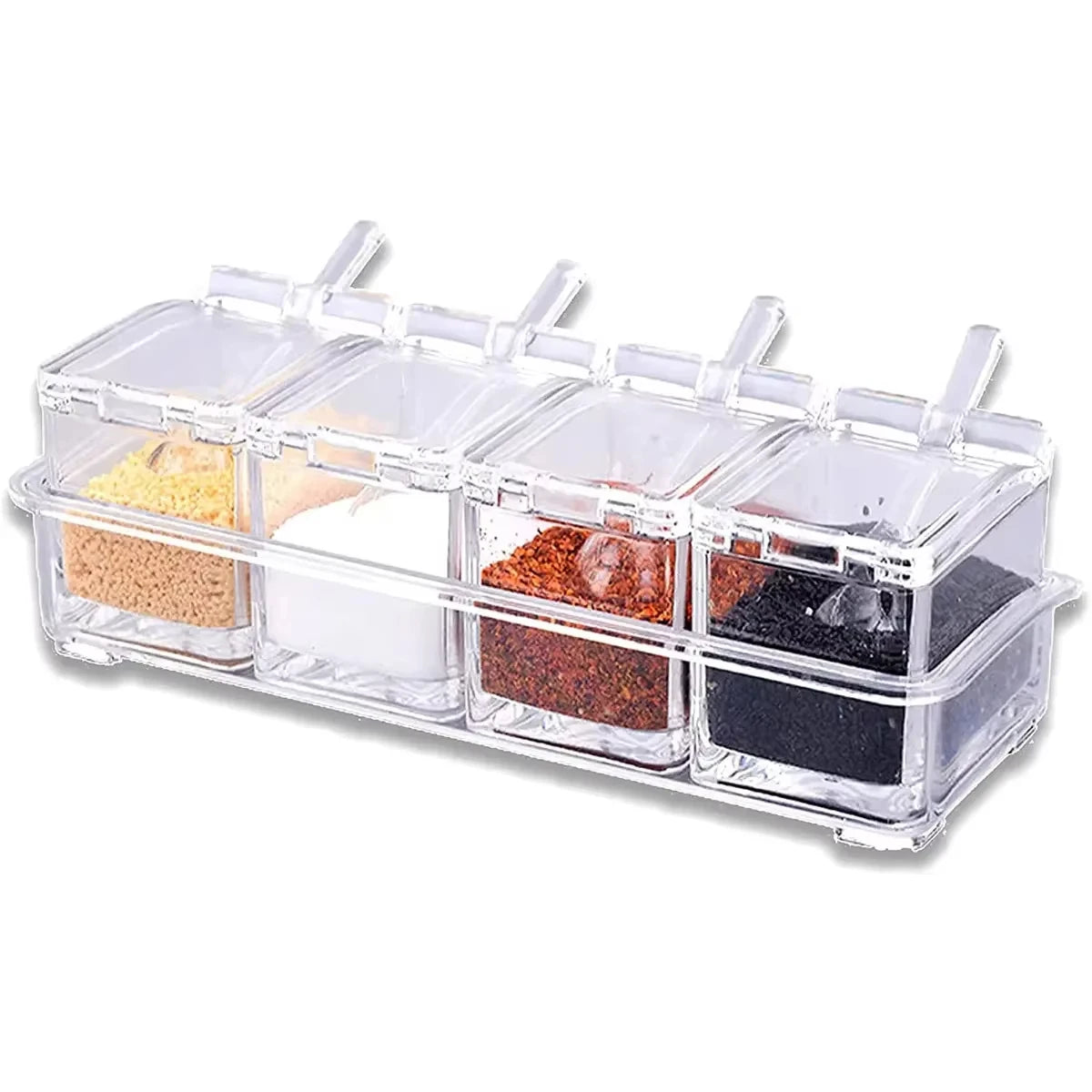 Kitchen Spice Pot 4 Transparent Seasoning Boxes with Cover and Spoon for Storage Containers Seasoning Cans Acrylic Seasoning Box