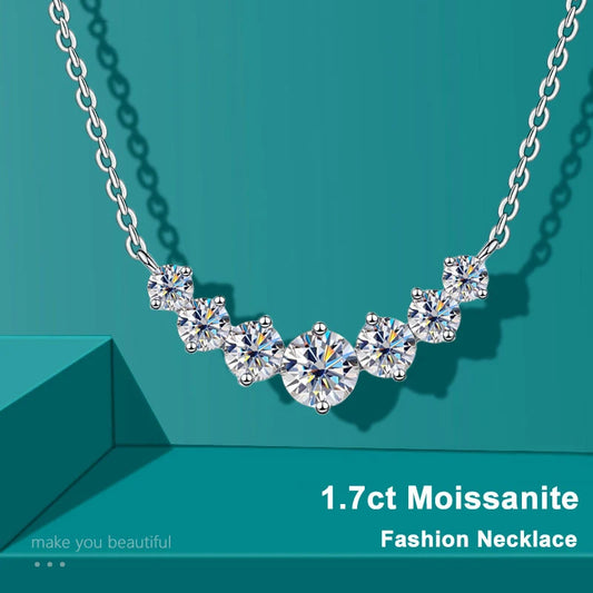 Silver-tone moissanite necklace with graduated round stones in a curved row