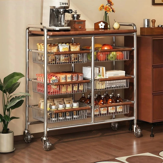Rolling kitchen cart with wooden top, chrome frame, and several stacked wire storage baskets