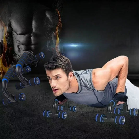 H-shaped push-up assist stand with blue foam grip rollers in push-up position