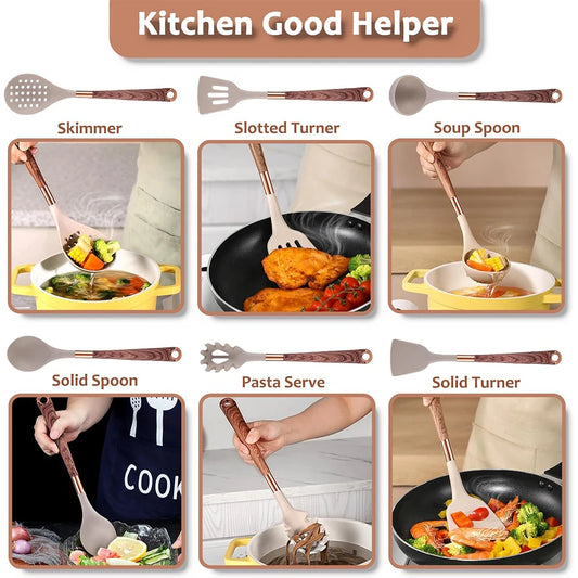 Silicone utensil set lineup with tools for skimming, turning, and serving