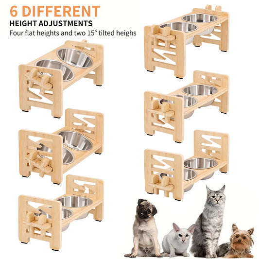 Adjustable wooden pet bowl stand showing multiple height settings with two stainless bowls.