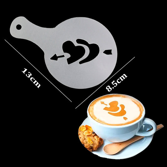 Coffee stencil template with leaf-and-swirls design, 13cm by 8.5cm