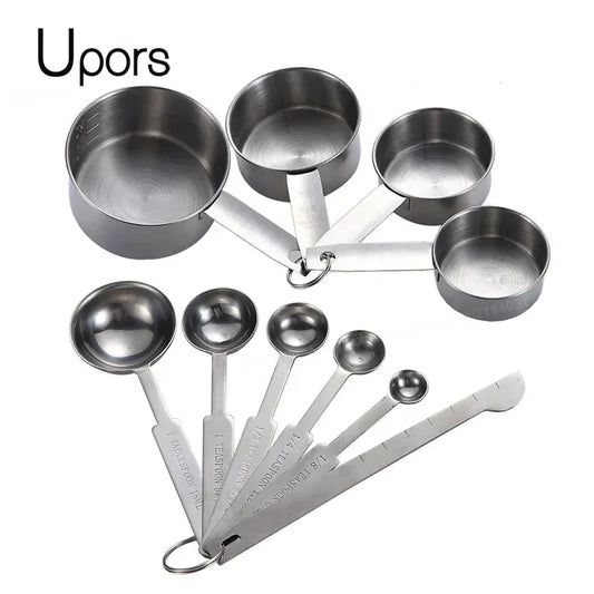 Stainless steel measuring cups and spoons set with nested cups and long-handled spoons