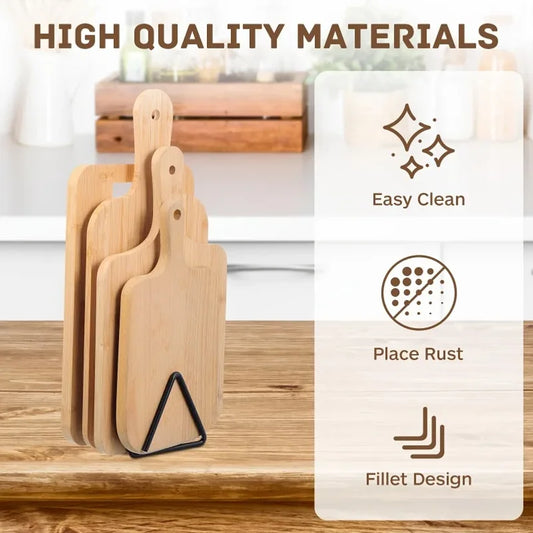 Triangular cutting board organizer holding multiple wooden boards on black metal stand