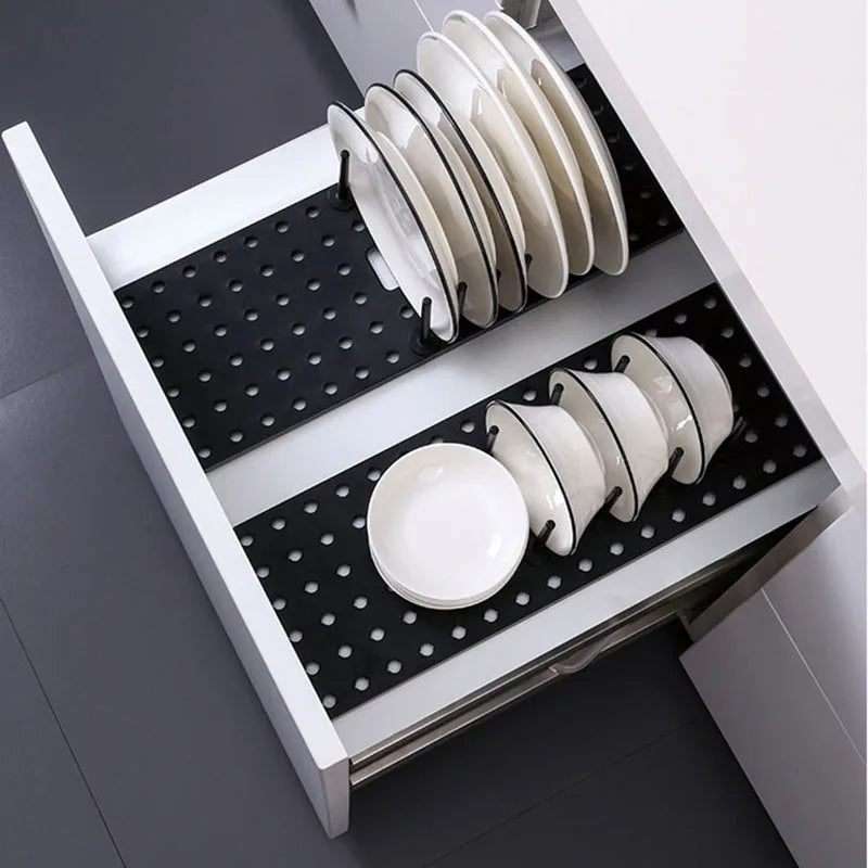 Drawer Retractable Tableware Rack Pegboard Drawer Organizers For Kitchen Adjustable Dish Plate Storage
