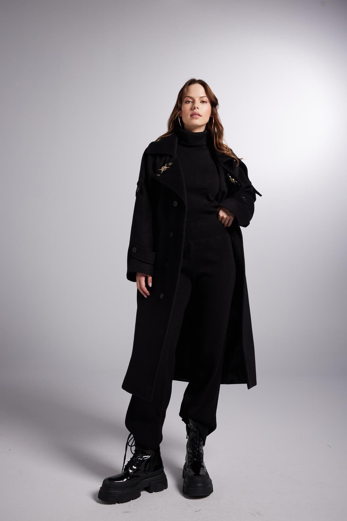 Black maxi wool-blend cashmere coat, high neck, gold-tone shoulder accents