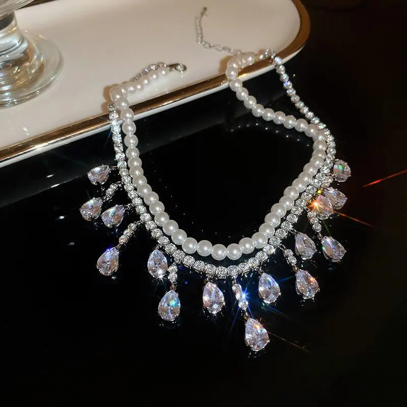 Luxury Pearl Tassel Crystal Necklace - Image #3