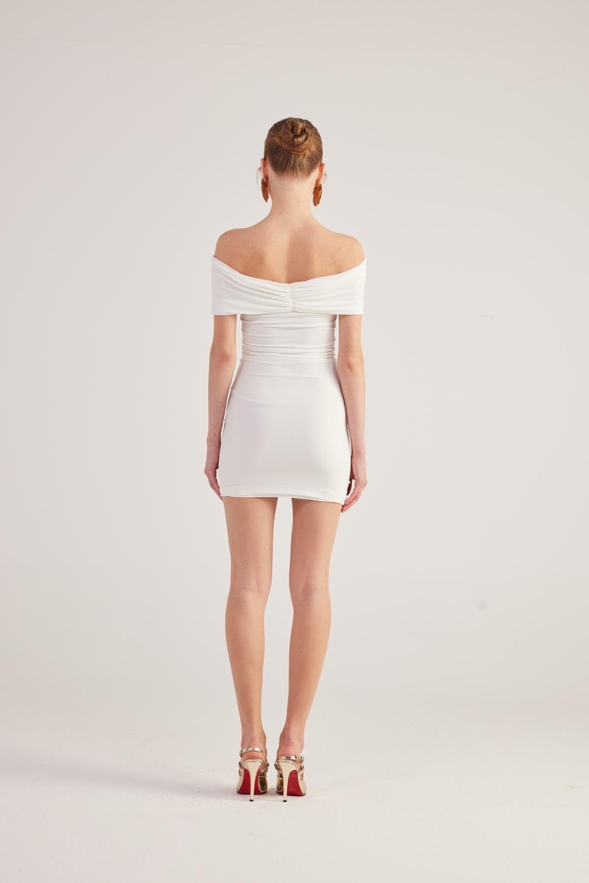 White off-shoulder mini dress, fitted back with gathered detail at the waist