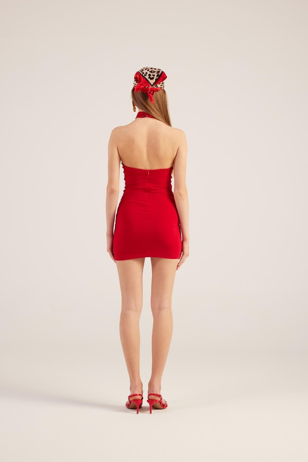 Red halter mini dress, ruched sides with low back