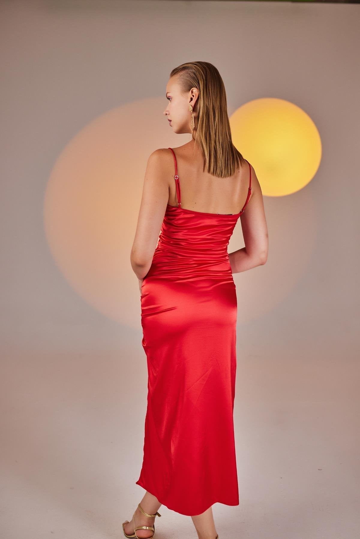 Red satin strappy midi dress, fitted ruched back with side slit