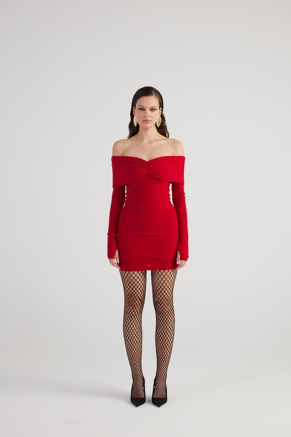 Red off-shoulder bardot mini dress with off-shoulder neckline and long sleeves