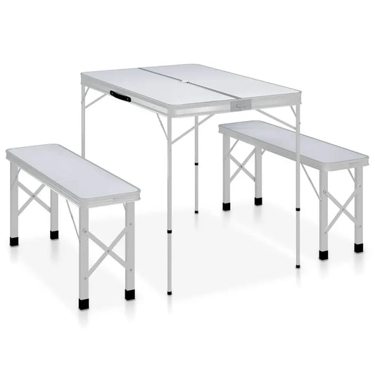 vidaXL Folding Camping Table with 2 Benches Aluminium White - Image #1