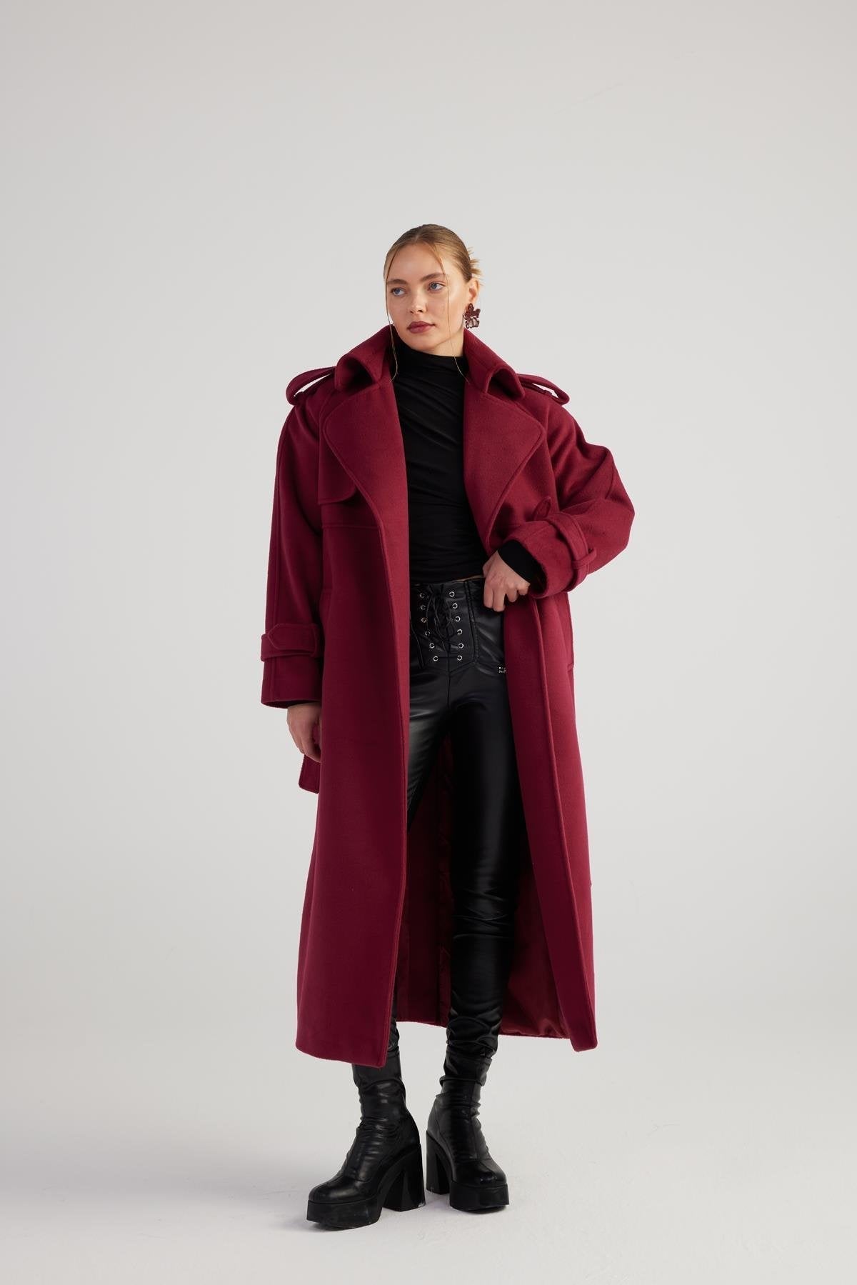 Burgundy maxi belted coat with oversized lapel collar and long sleeves