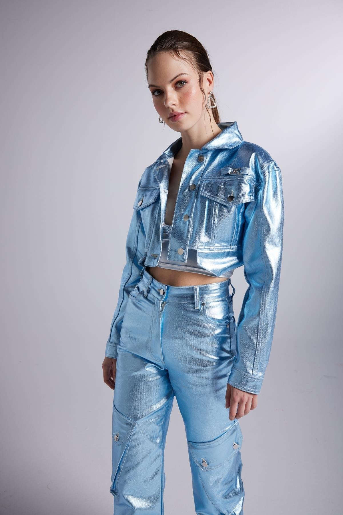 Metallic glossy blue cropped jacket with button placket and chest flap pocket