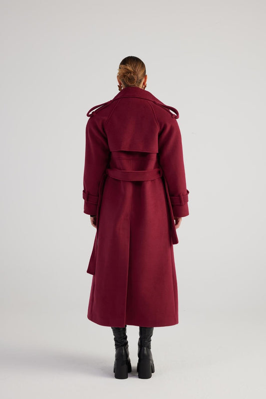 Burgundy maxi coat with belt and wide collar detail (back view)