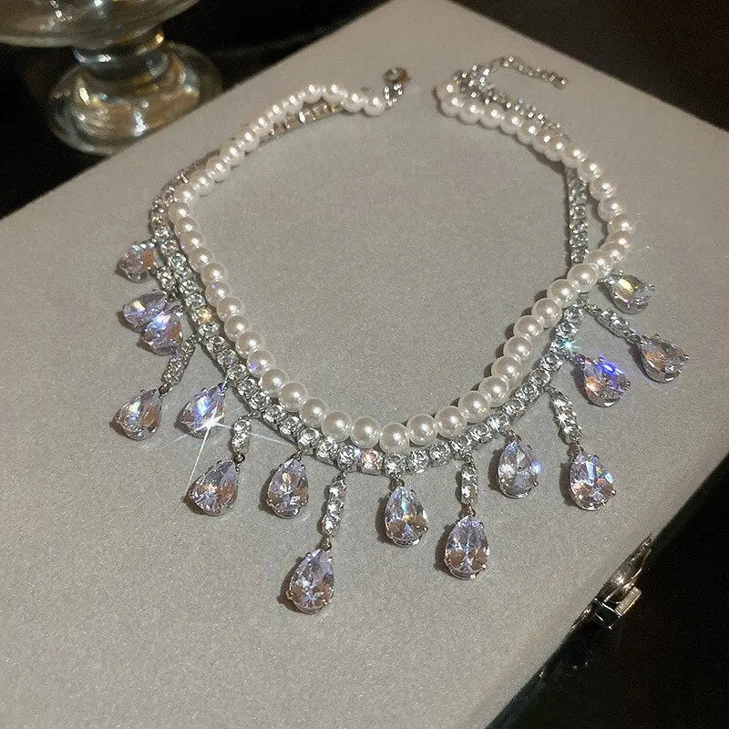 Luxury Pearl Tassel Crystal Necklace - Image #5