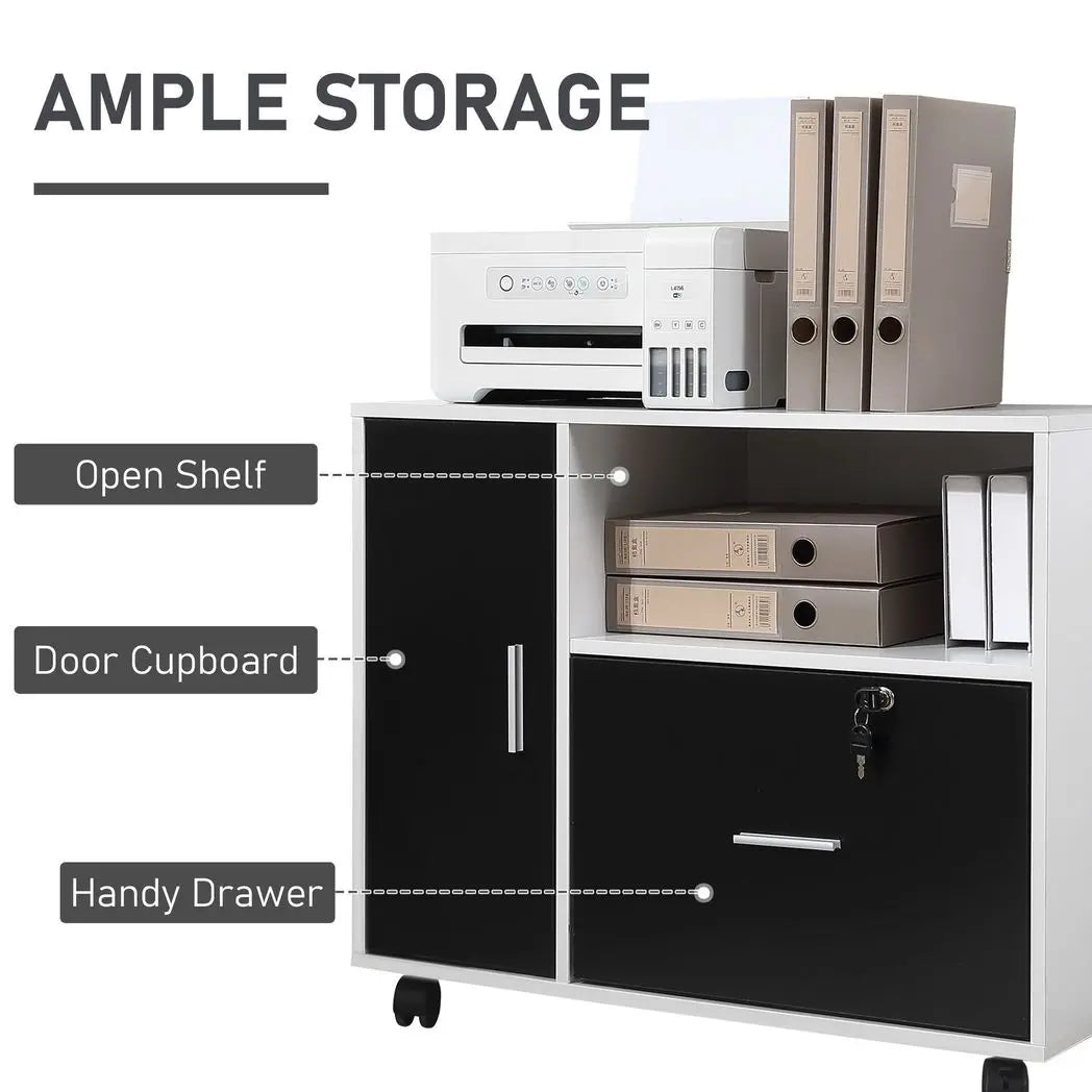 HOMCOM Mobile Office File Cabinet Printer Table with Lockable Drawer and Shelf - Image #3