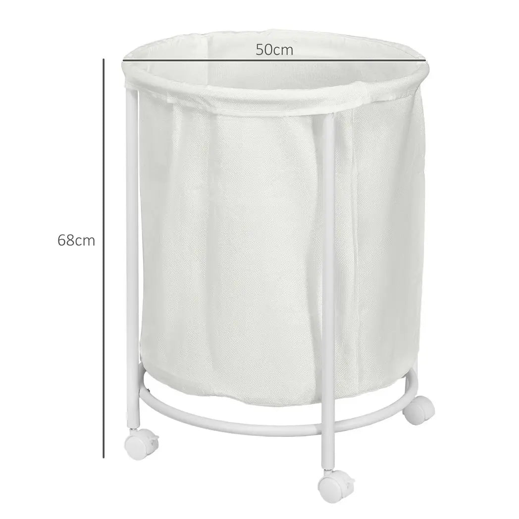 HOMCOM 100L Round Laundry Hamper with Wheels for Bedroom Bathroom Cream White - Image #3