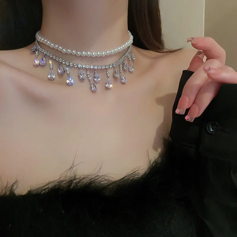 Luxury Pearl Tassel Crystal Necklace - Image #2