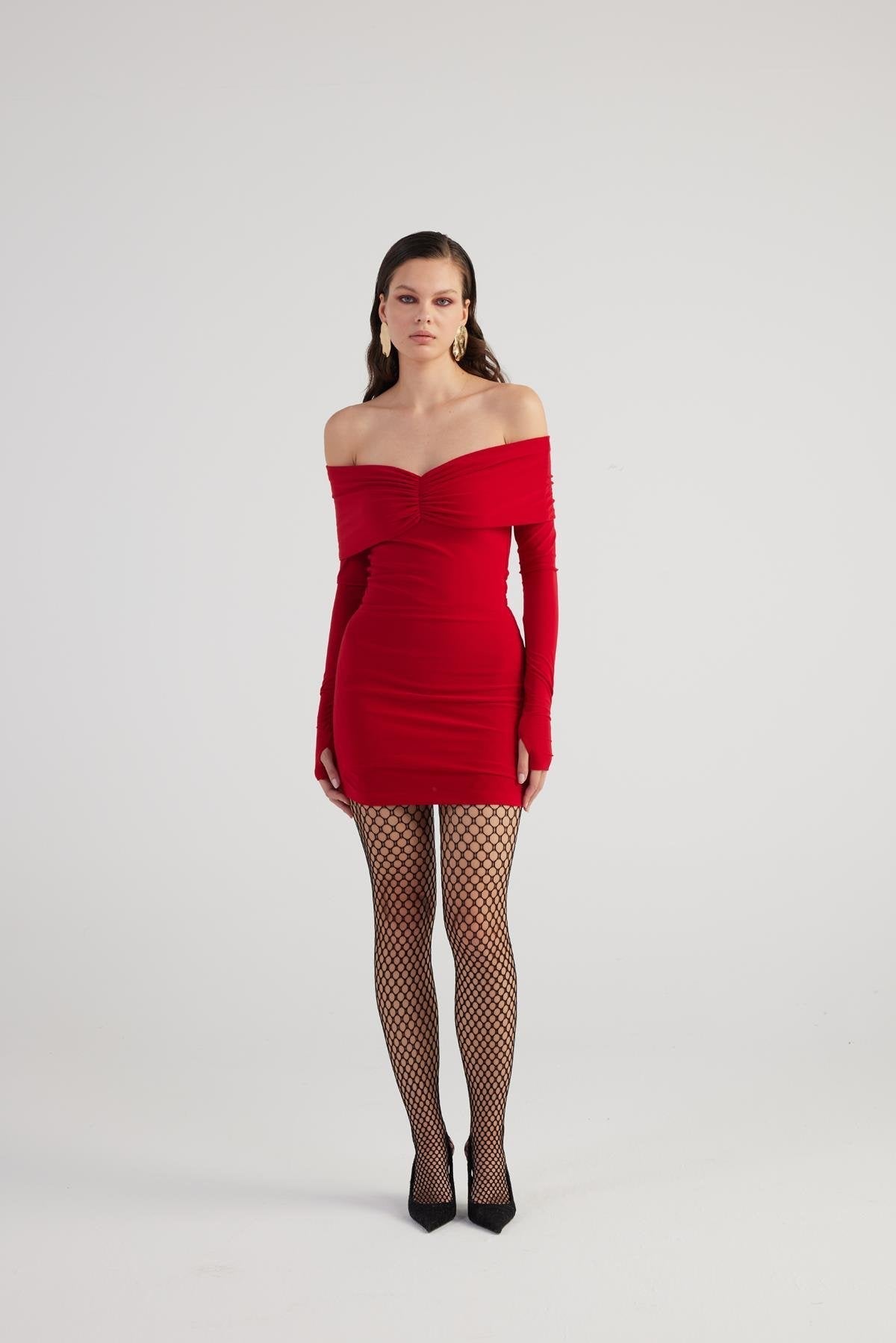 Red off-shoulder bardot mini dress with ruched sides and fitted silhouette