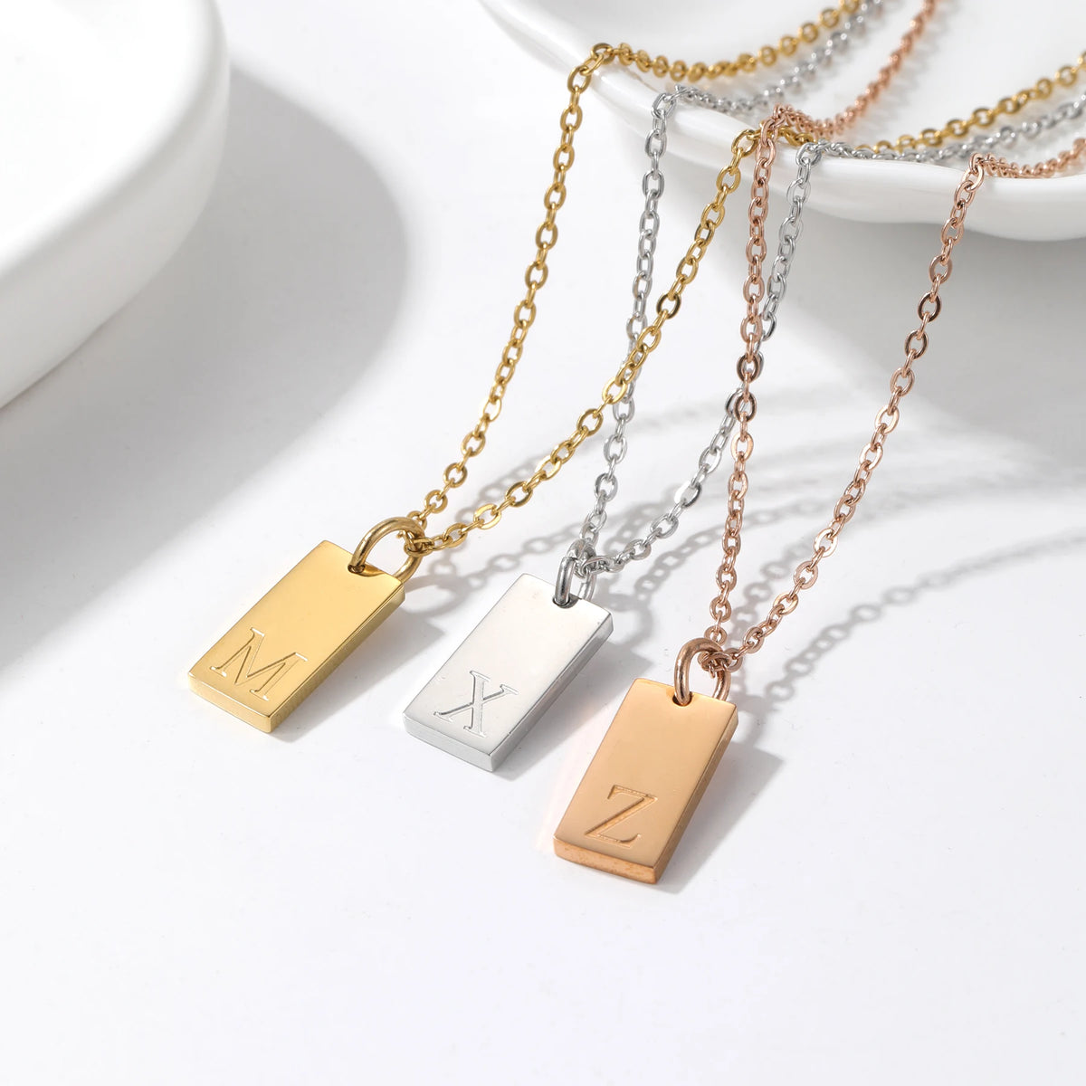 Dainty Initial Tag Necklace 18K Gold Plated Custom Etched Personalized Letter Pendant in Box Chain Gifts For Her  Women Jewelry