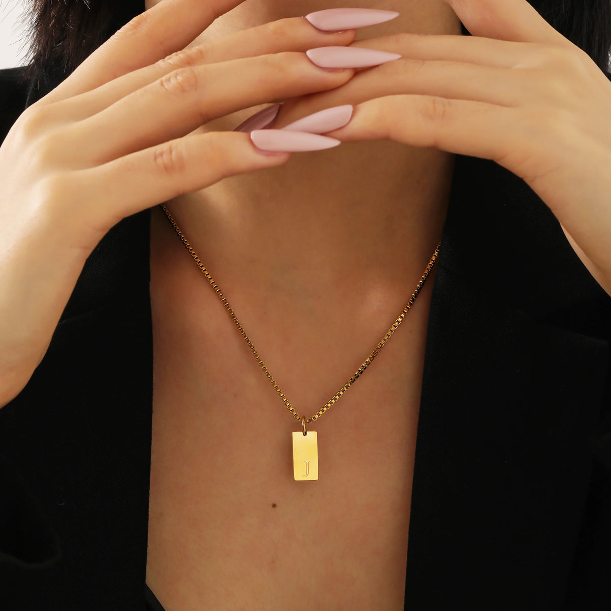 Dainty Initial Tag Necklace 18K Gold Plated Custom Etched Personalized Letter Pendant in Box Chain Gifts For Her  Women Jewelry