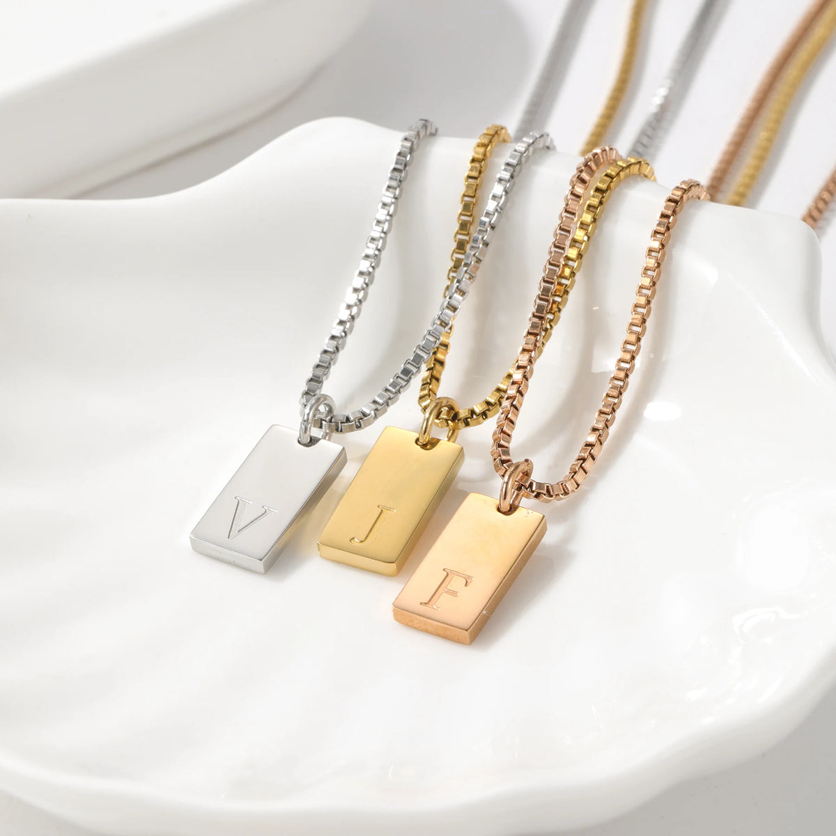 Dainty Initial Tag Necklace 18K Gold Plated Custom Etched Personalized Letter Pendant in Box Chain Gifts For Her  Women Jewelry
