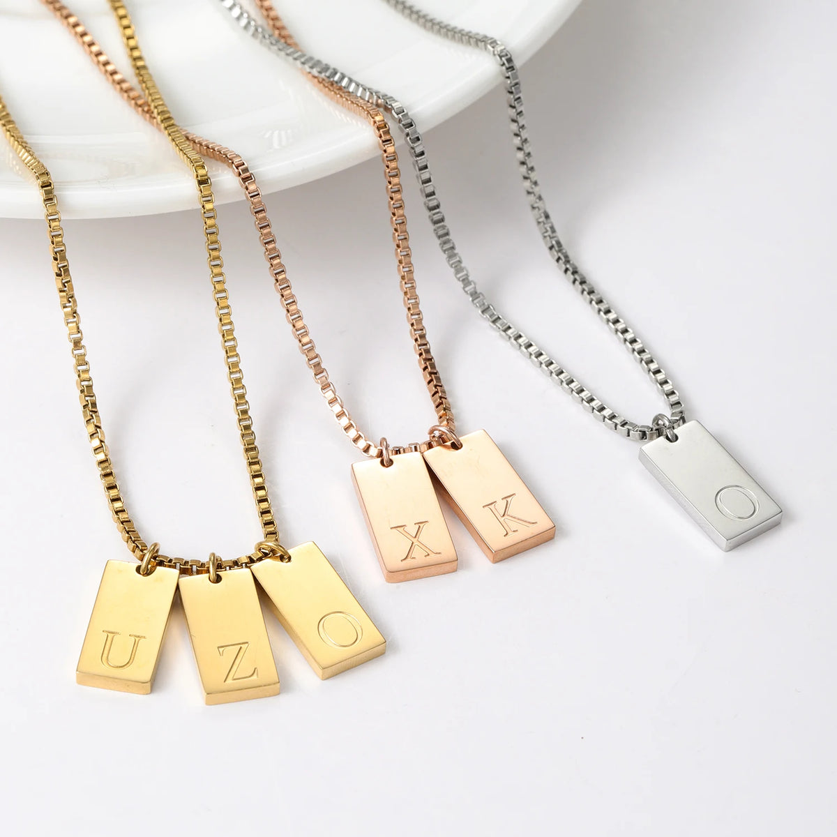 Dainty Initial Tag Necklace 18K Gold Plated Custom Etched Personalized Letter Pendant in Box Chain Gifts For Her  Women Jewelry
