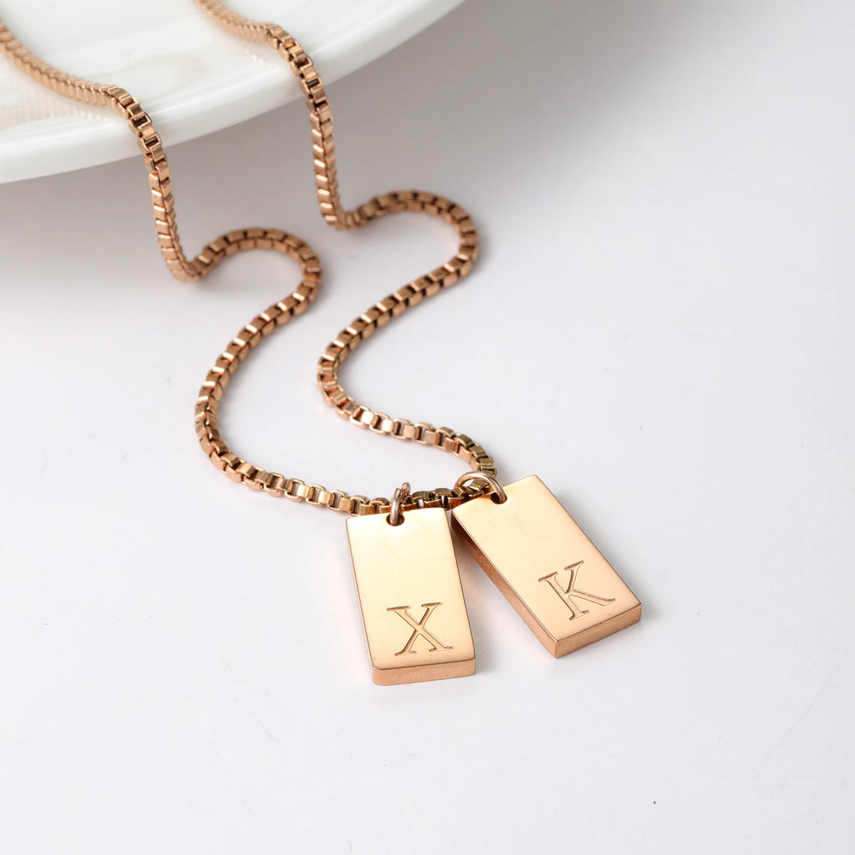 Dainty Initial Tag Necklace 18K Gold Plated Custom Etched Personalized Letter Pendant in Box Chain Gifts For Her  Women Jewelry