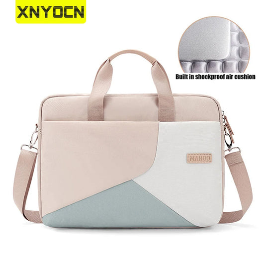Khaki laptop sleeve bag with top handle, shoulder strap, and zip closure; teal accent panel