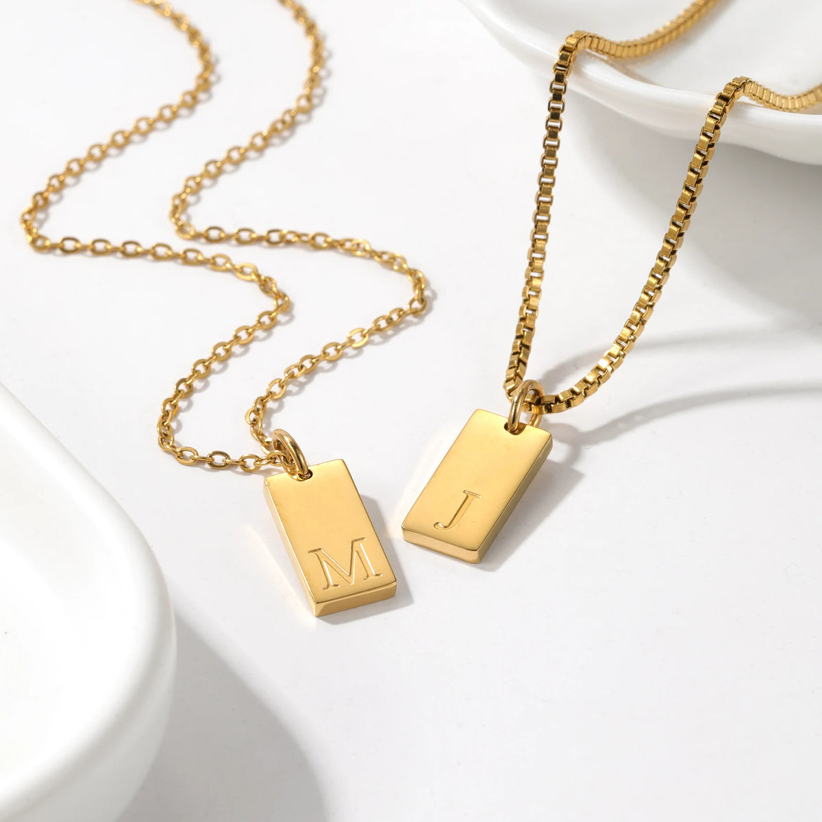 Dainty Initial Tag Necklace 18K Gold Plated Custom Etched Personalized Letter Pendant in Box Chain Gifts For Her  Women Jewelry