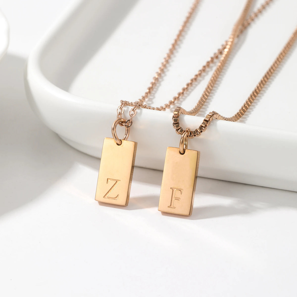 Dainty Initial Tag Necklace 18K Gold Plated Custom Etched Personalized Letter Pendant in Box Chain Gifts For Her  Women Jewelry