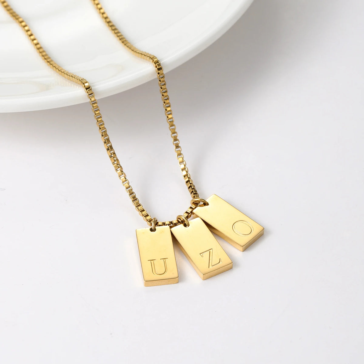 Dainty Initial Tag Necklace 18K Gold Plated Custom Etched Personalized Letter Pendant in Box Chain Gifts For Her  Women Jewelry